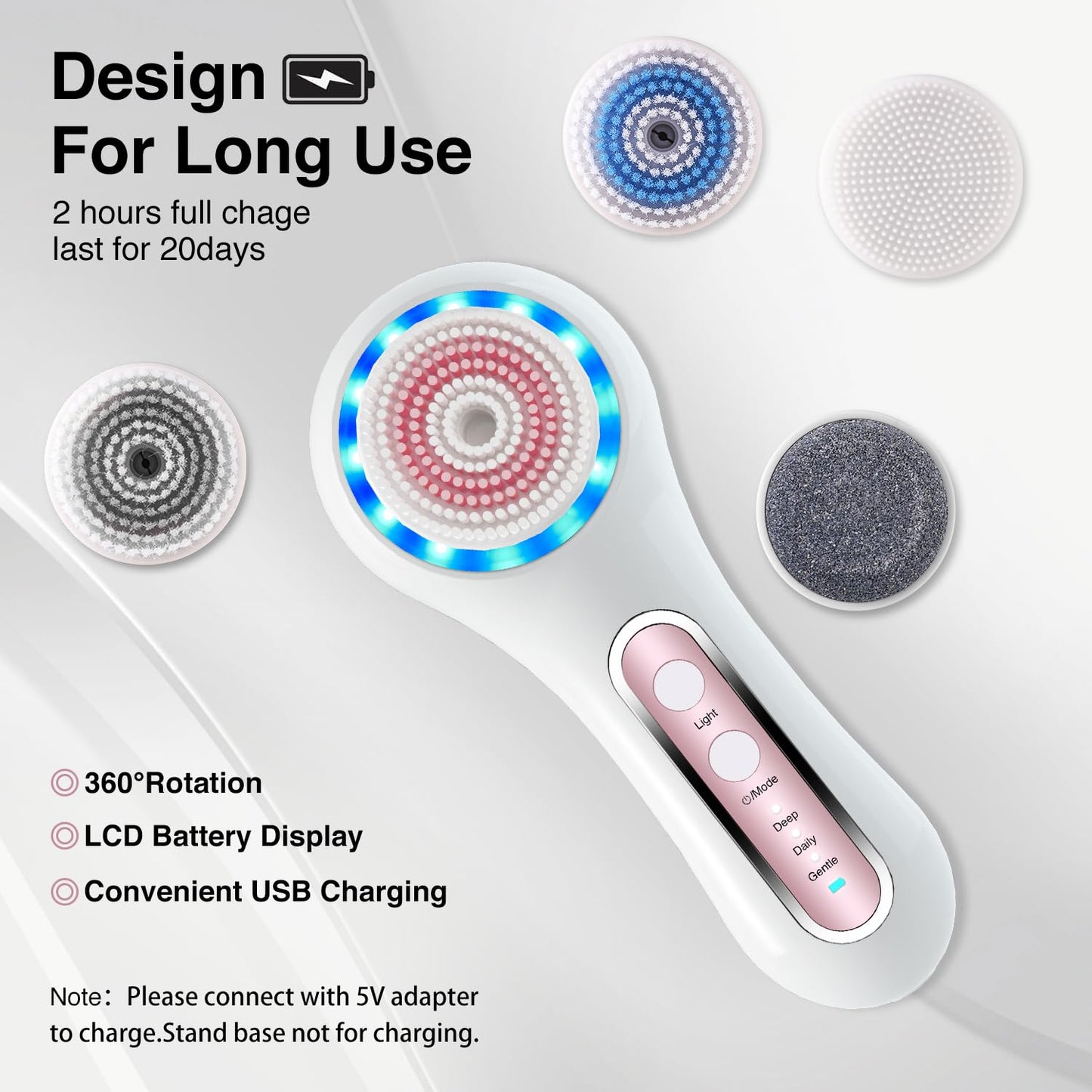 Face Scrubber Exfoliator,Facial Cleansing Brush Rechargeable IPX7 Waterproof with 5 Brush Heads,Electric Face Spin Brush for Exfoliating, Massaging and Deep Cleansing (Black+Gold)