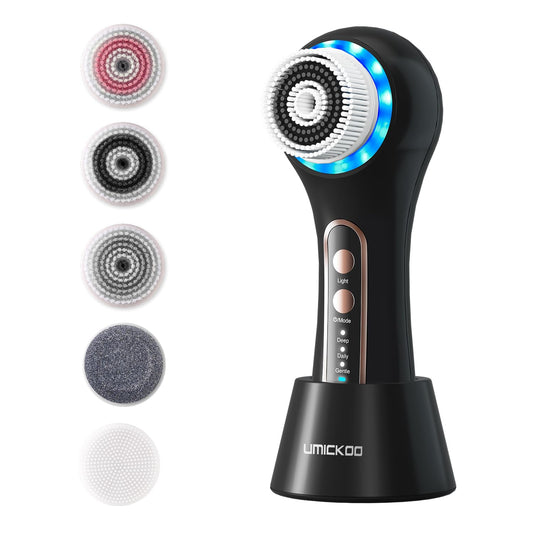 Face Scrubber Exfoliator,Facial Cleansing Brush Rechargeable IPX7 Waterproof with 5 Brush Heads,Electric Face Spin Brush for Exfoliating, Massaging and Deep Cleansing (Black+Gold)