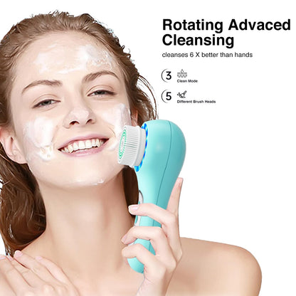 Face Scrubber Exfoliator,Facial Cleansing Brush Rechargeable IPX7 Waterproof with 5 Brush Heads,Electric Face Spin Brush for Exfoliating, Massaging and Deep Cleansing (Black+Gold)